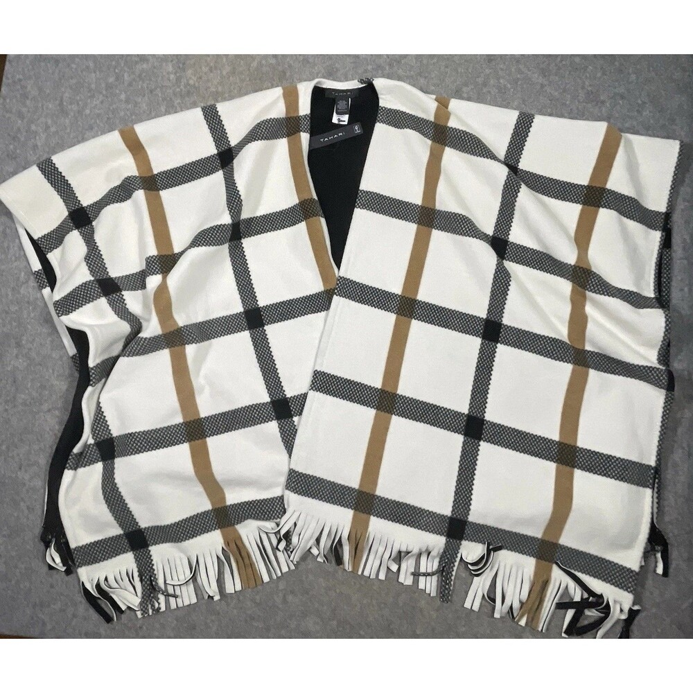 NWT Tahari Fleece Poncho Cape Fleece White/Black Brown Plaid Fringe One Size